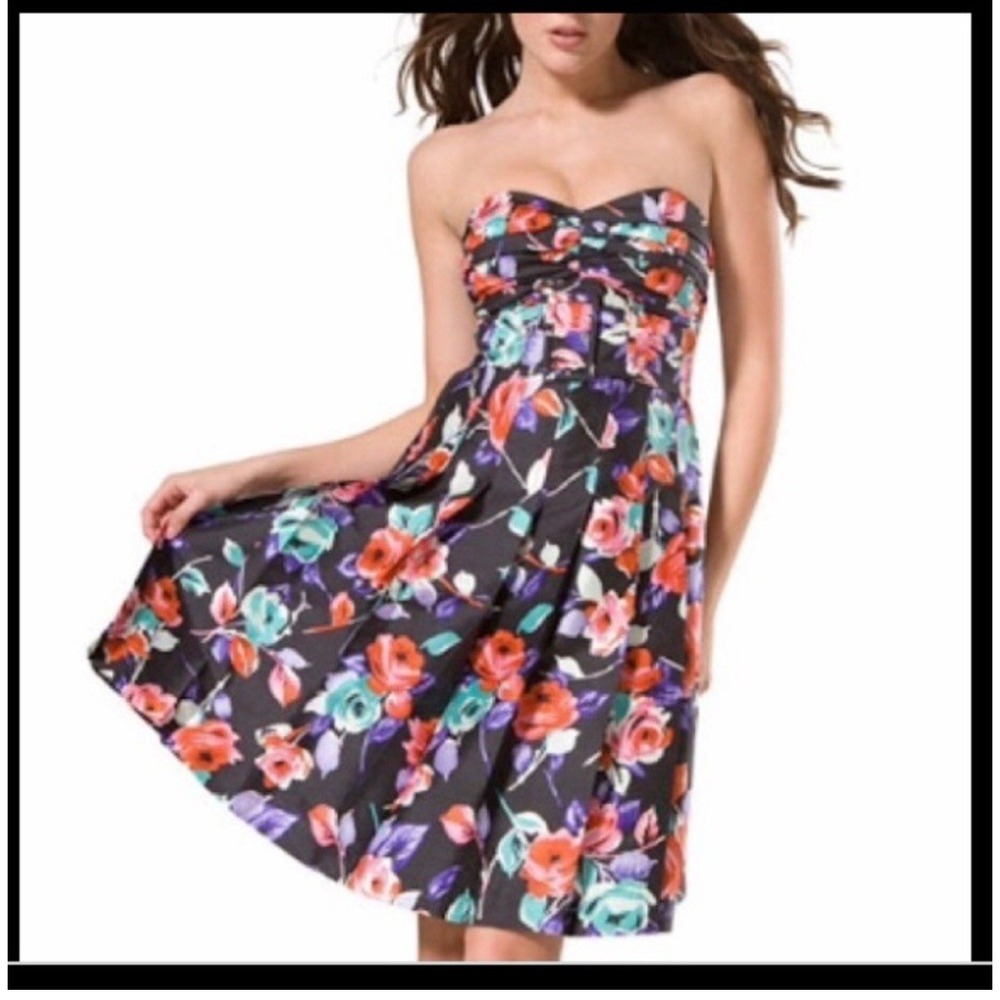 Express Women's 100% Silk Black Strapless Floral Dress Belted Size 4 New $128